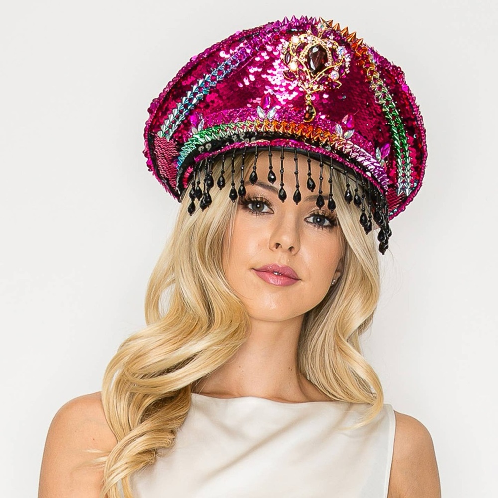 Nu Shuz Festival Vibrant Fuchsia Sequin Hat Beaded Black Bang Fringe - Picture 2 of 4